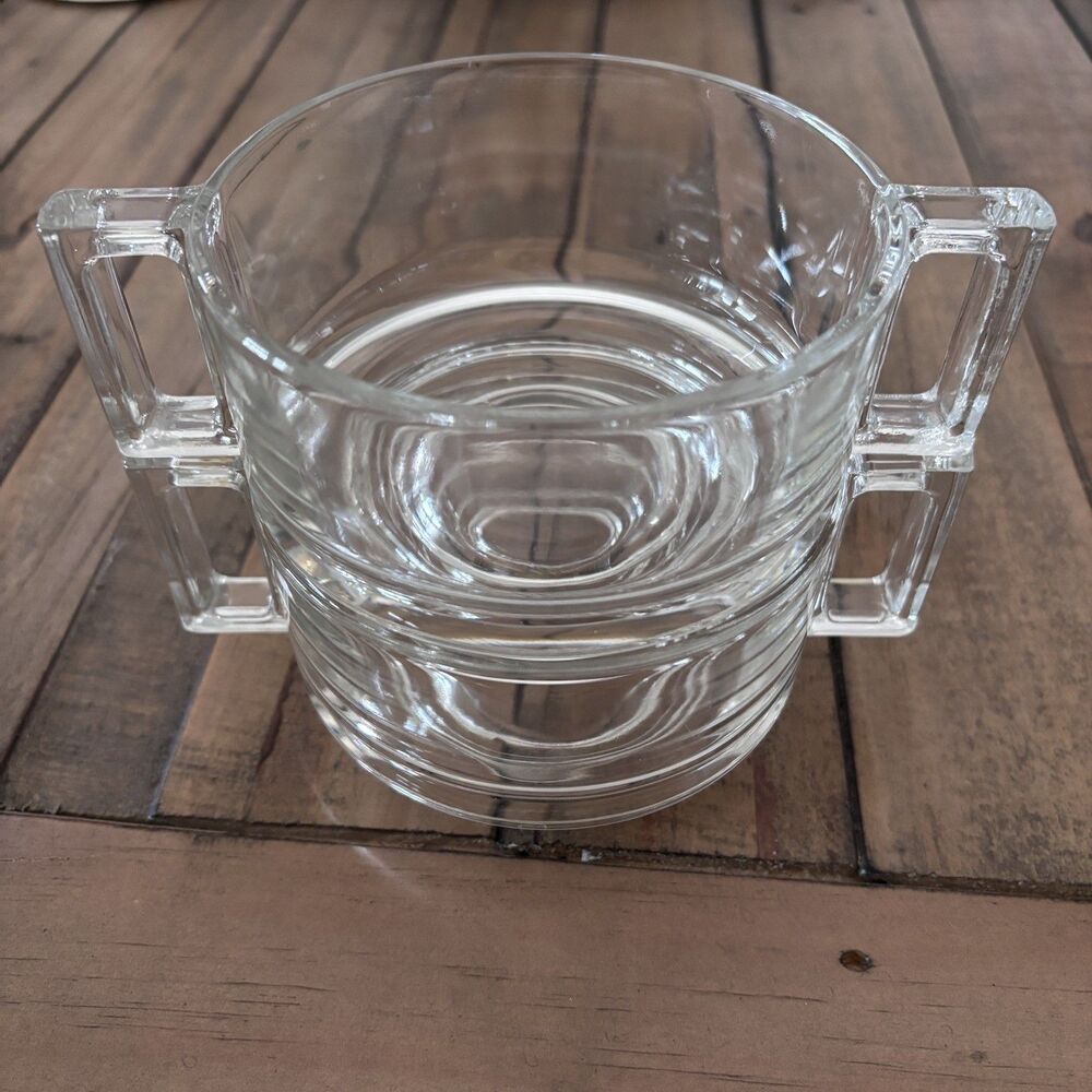 Arno Italy Joe Colombo Glass Footed Soup Bowl Stackable Double Handles Set of 3 - Picture 2 of 5